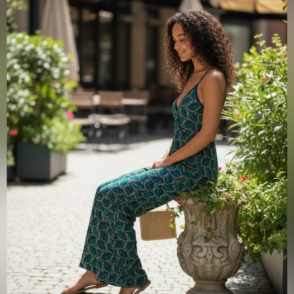 Sleeveless Teal Printed Wide-Leg Jumpsuit